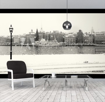 Picture of Stockholm city on a snowy winter day Black and white image